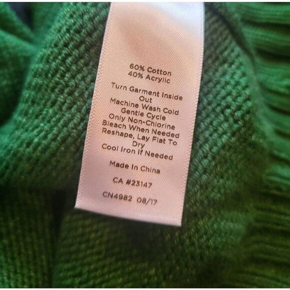 Talbots Sweater Women's Medium Green Pom Pom Zip Back Cotton Knit Crew - Picture 3 of 4